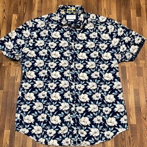 Demin & Flower man, summer casual button-down shirt. Size L. - Picture 1 of 7